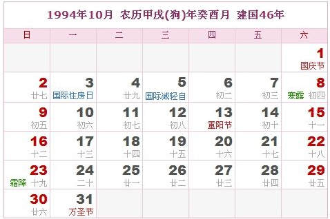 1994年农历阳历表 1994年阴阳历对照表